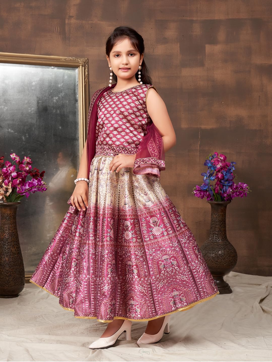 Aarika Girls Ethnic Wear Wine Colour Floral Print Embellished Stone Silk Lehenga Choli Set (5-11 Years)