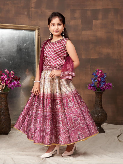 Aarika Girls Ethnic Wear Wine Colour Floral Print Embellished Stone Silk Lehenga Choli Set (5-11 Years)