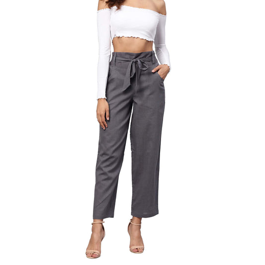 Idalia Grey Solid Cotton Trouser For Women High Waist Formal Trousers With 2 Pocket Fusion Wear Trouser Pants For Ladies