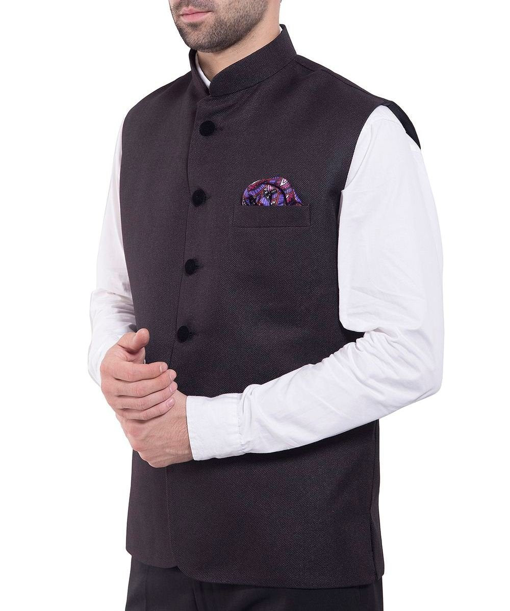 Wintage Men'S Rayon Bandhgala Festive Black Nehru Jacket Waistcoat