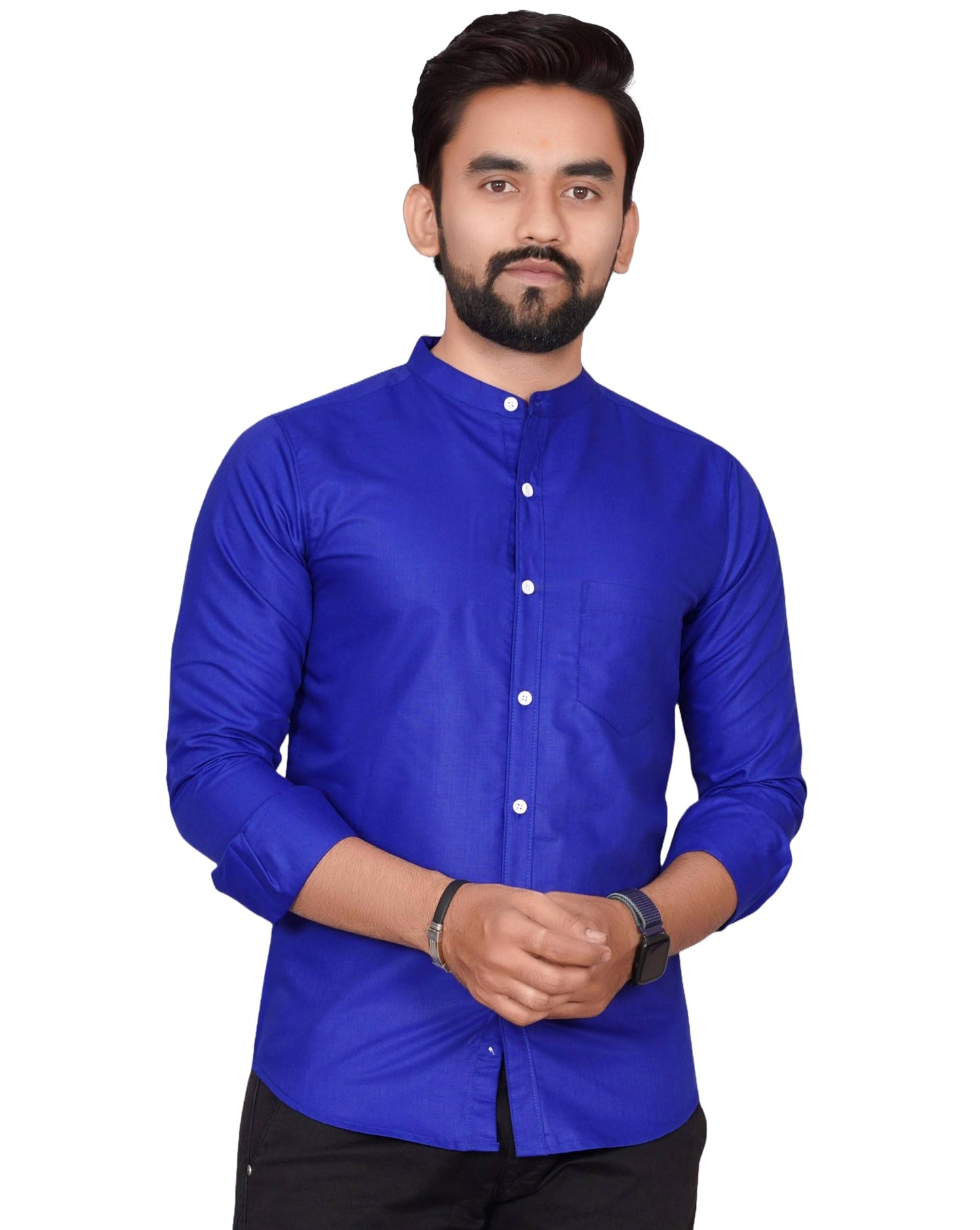 Besix MenS Cotton Solid Shirt With Mandarin Collared Full Sleeve Button Closure Curved Hem Straight Length And One Pocket | Mdr