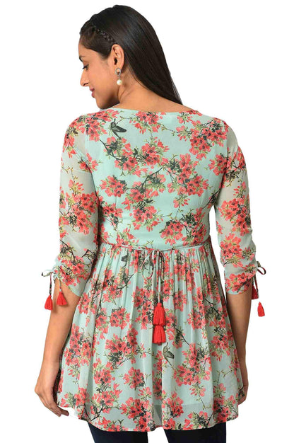 Aurelia Floral Printed Printed Synthetic Regular Green Kurti For Women