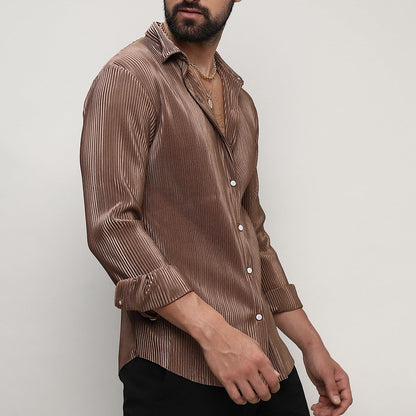 Campus Sutra Mens Mocha Brown Pleat-Creased Shirt for Casual Wear |Spread Collar |Long Sleeve | Button Closure | Shirt Crafted