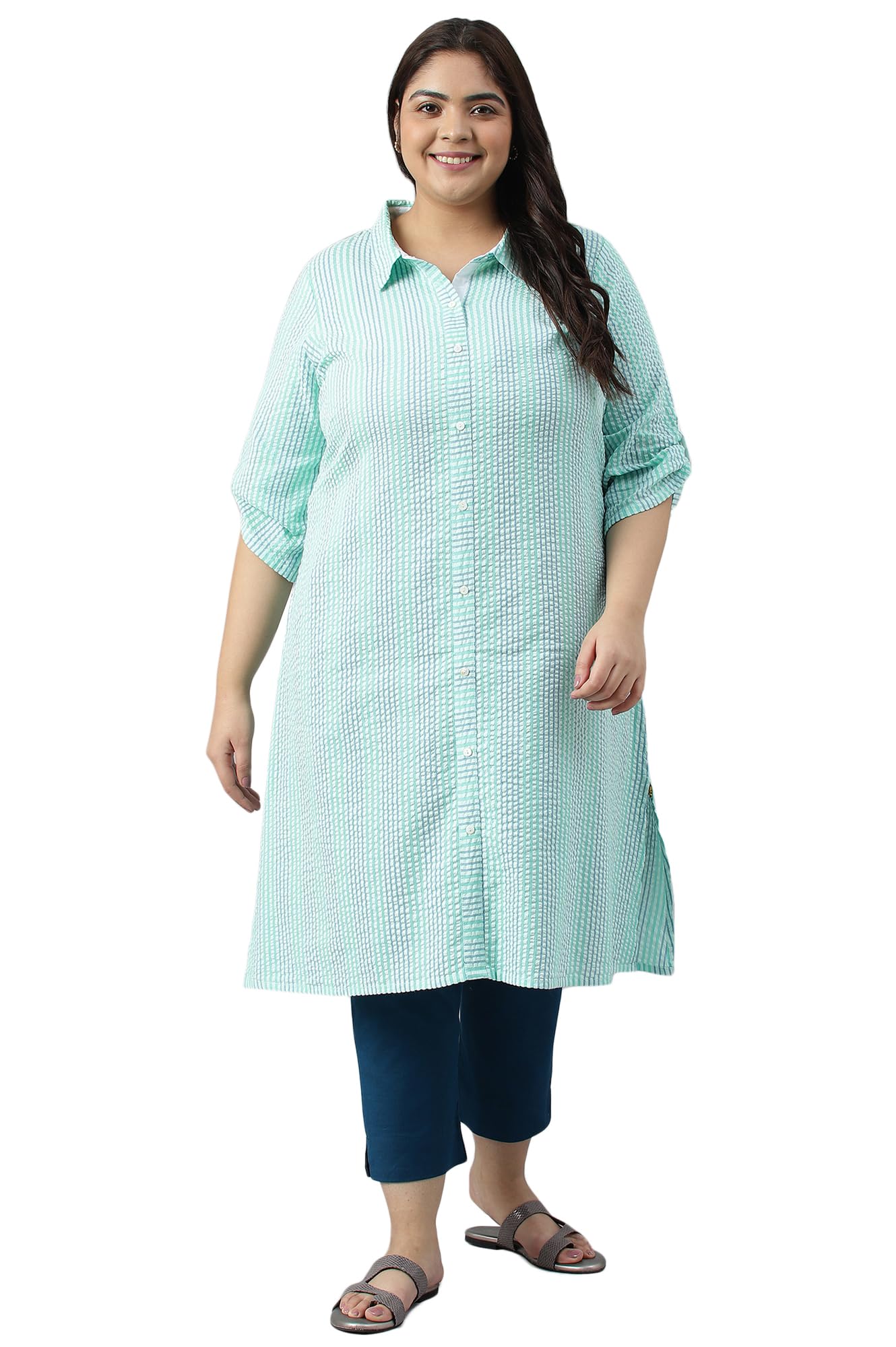 Green A-Line Shirt Collar Plus Size Kurta
