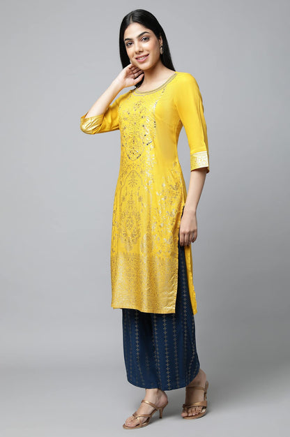 Aurelia Yellow Foil Hand Work Regular Kurta