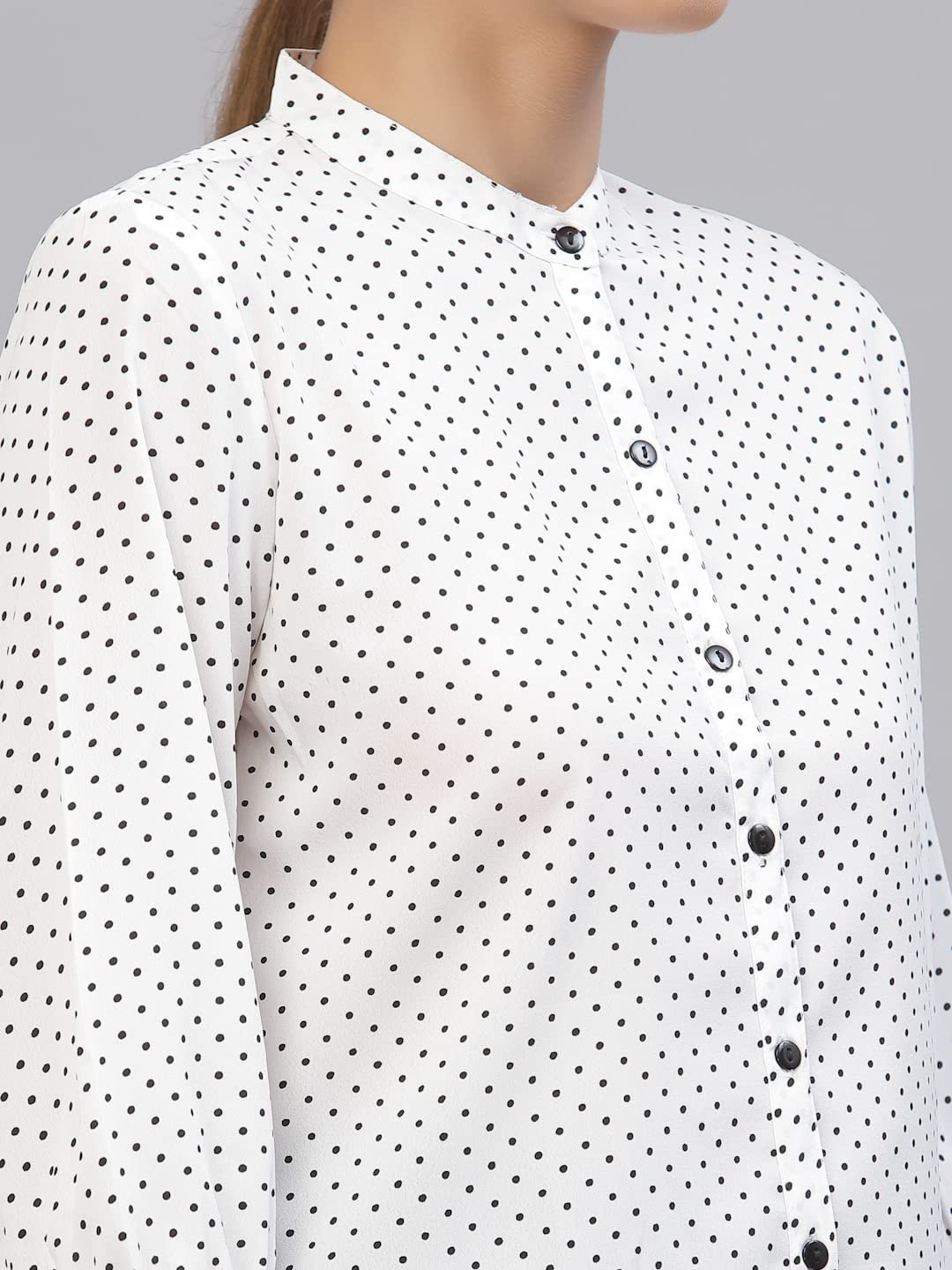 Style Quotient Women White and Black Polka Dot Printed Polyester Formal Shirt