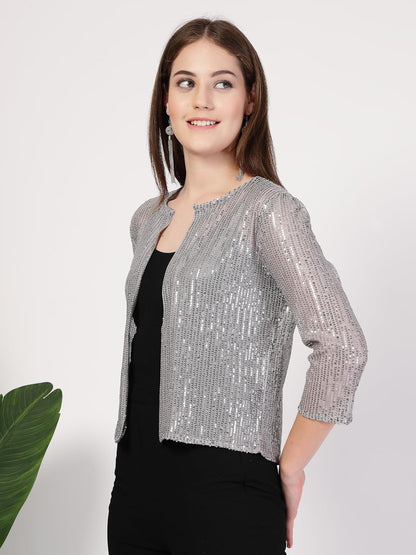 Style Quotient Women Silver Grey Sequins Shrug
