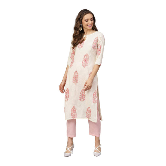 Idalia Cream And Baby Pink Hand Block Print Kurta With Cotton Pants