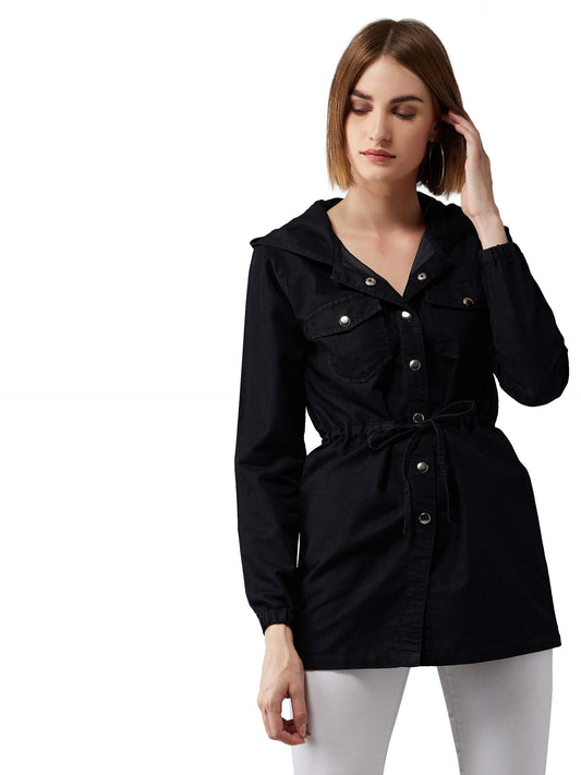 Dolce Crudo Womens Black Denim Solid Hoodie tie up Jacket(DOAW19DEN05-52-62-06,Black,X-Large)
