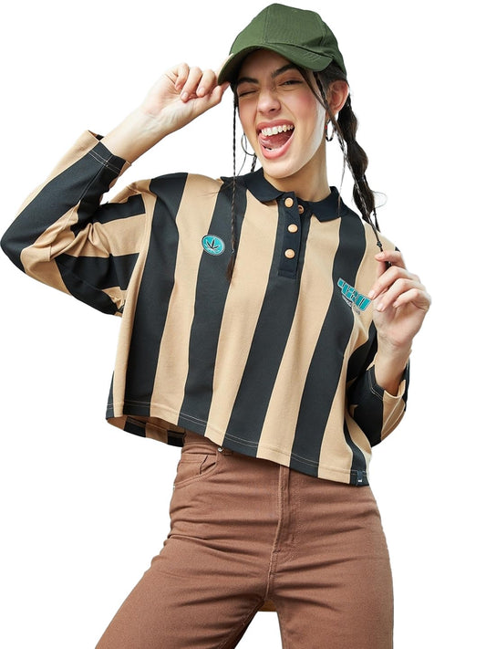 Bewakoof WomenS Striped Oversized Fit Full Sleeve Polo Neck Pique T-Shirt_ 597306 Brown L