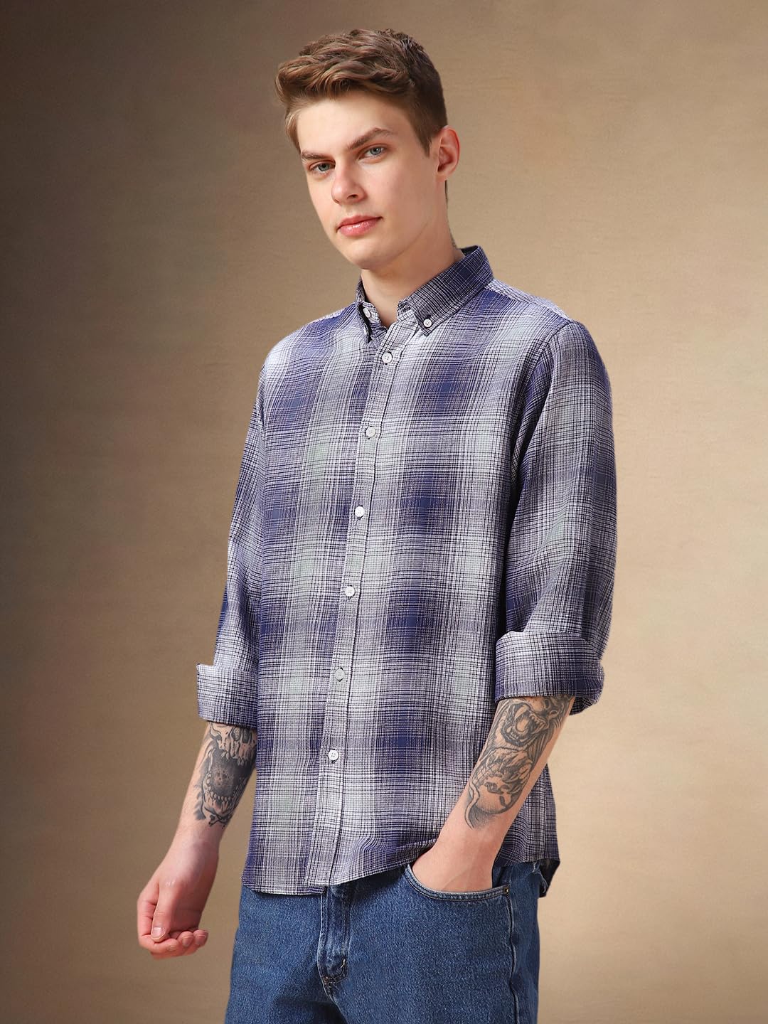 Dennis Lingo Blue Checks Cotton Regular-Fit Full-Sleeve Men Shirts