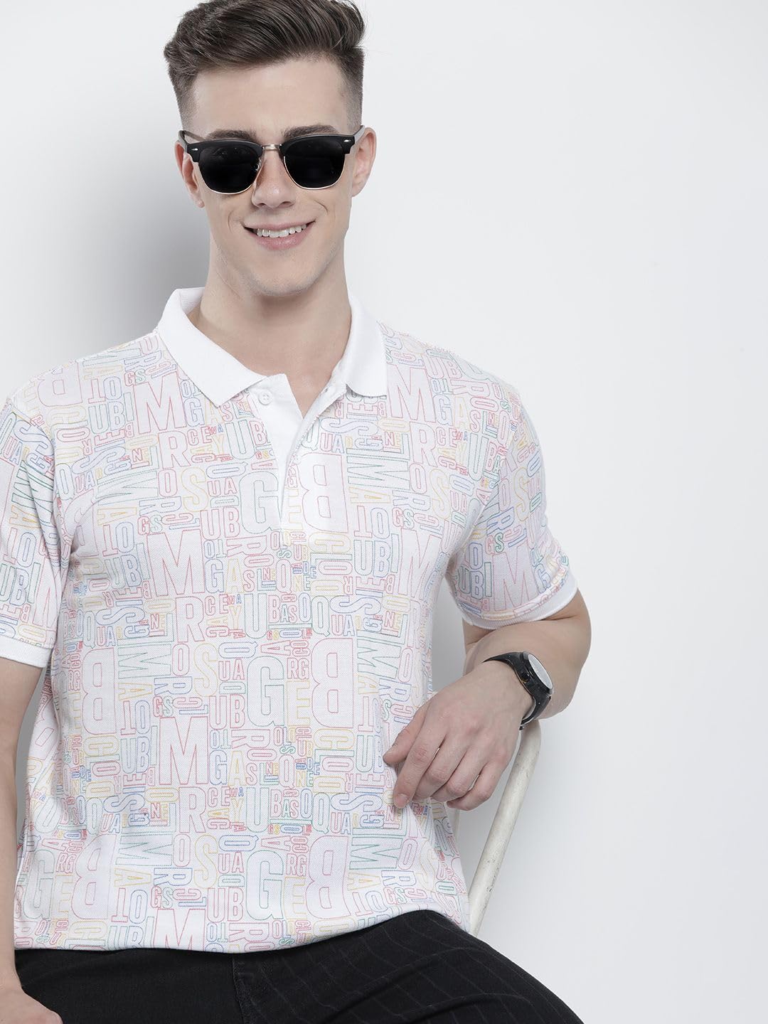 The Indian Garage Co Men Slim Fit Printed Polo Collar Tshirt White