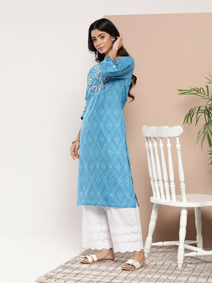 Libas Womens Cotton Yoke Design Straight Kurta (26198_Blue