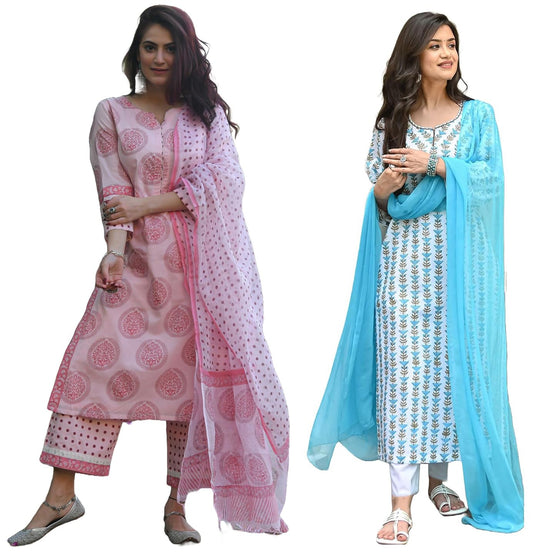 ANNI DESIGNER Cotton Blend Women Kurta Pant With Dupatta Pack Of 2