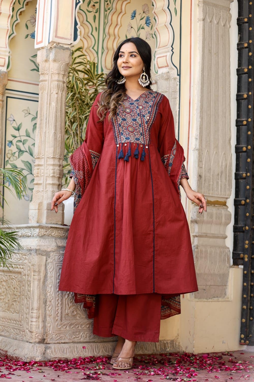 Stylum Womens Ajrakh Printed Cotton A-Line Kurta Pant Dupatta Set