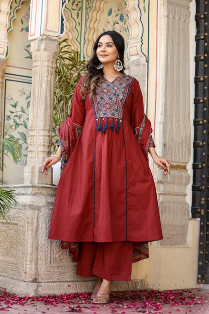 Stylum Womens Ajrakh Printed Cotton A-Line Kurta Pant Dupatta Set