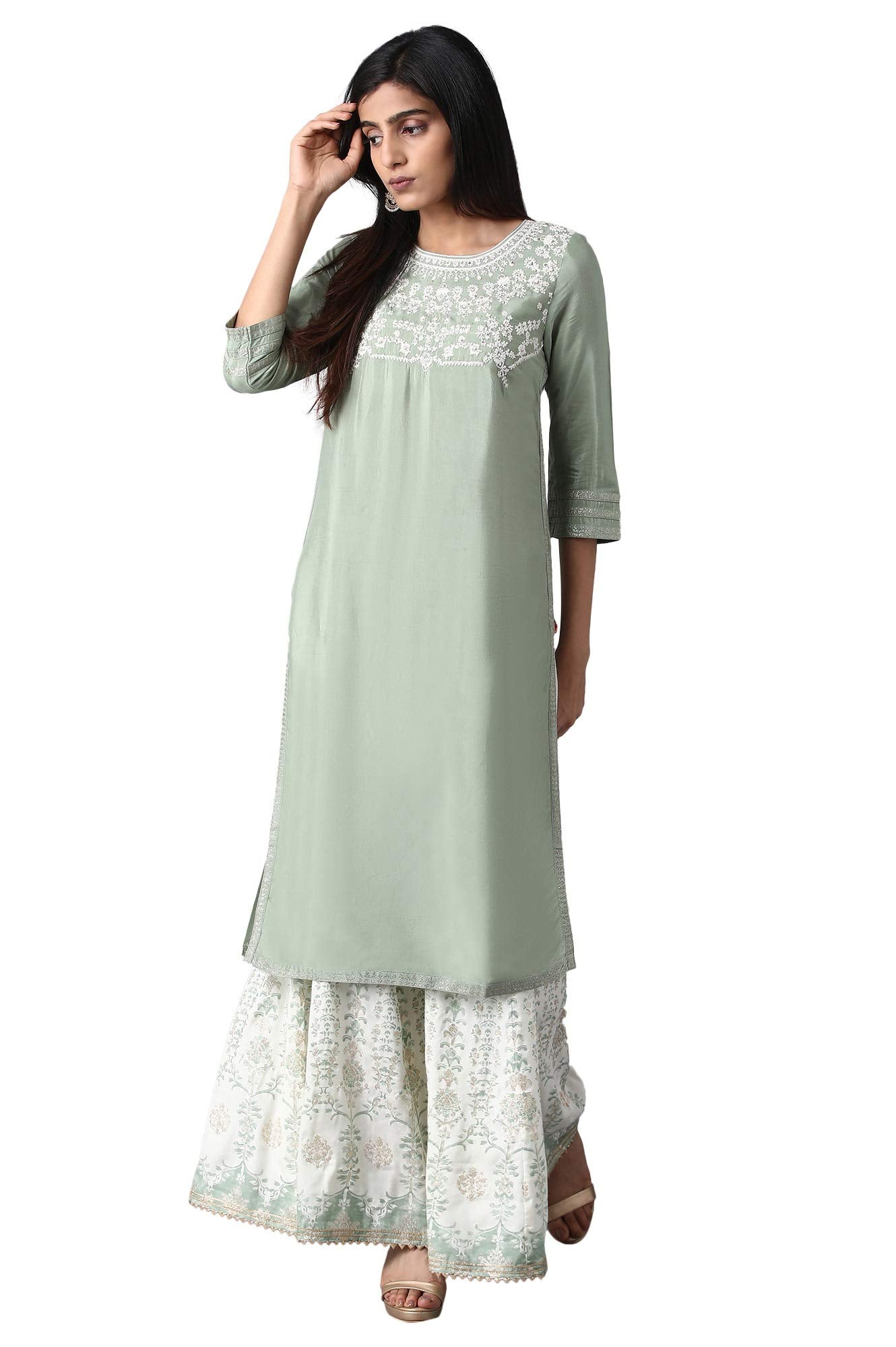 W For Woman Orange Floral Printed Regular Kurta with Dori Embroidery