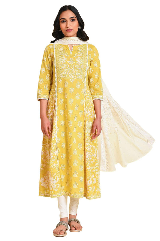 W for Woman Yellow Cotton Floral Printed Flared Kurta