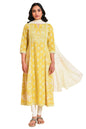 W for Woman Yellow Cotton Floral Printed Flared Kurta