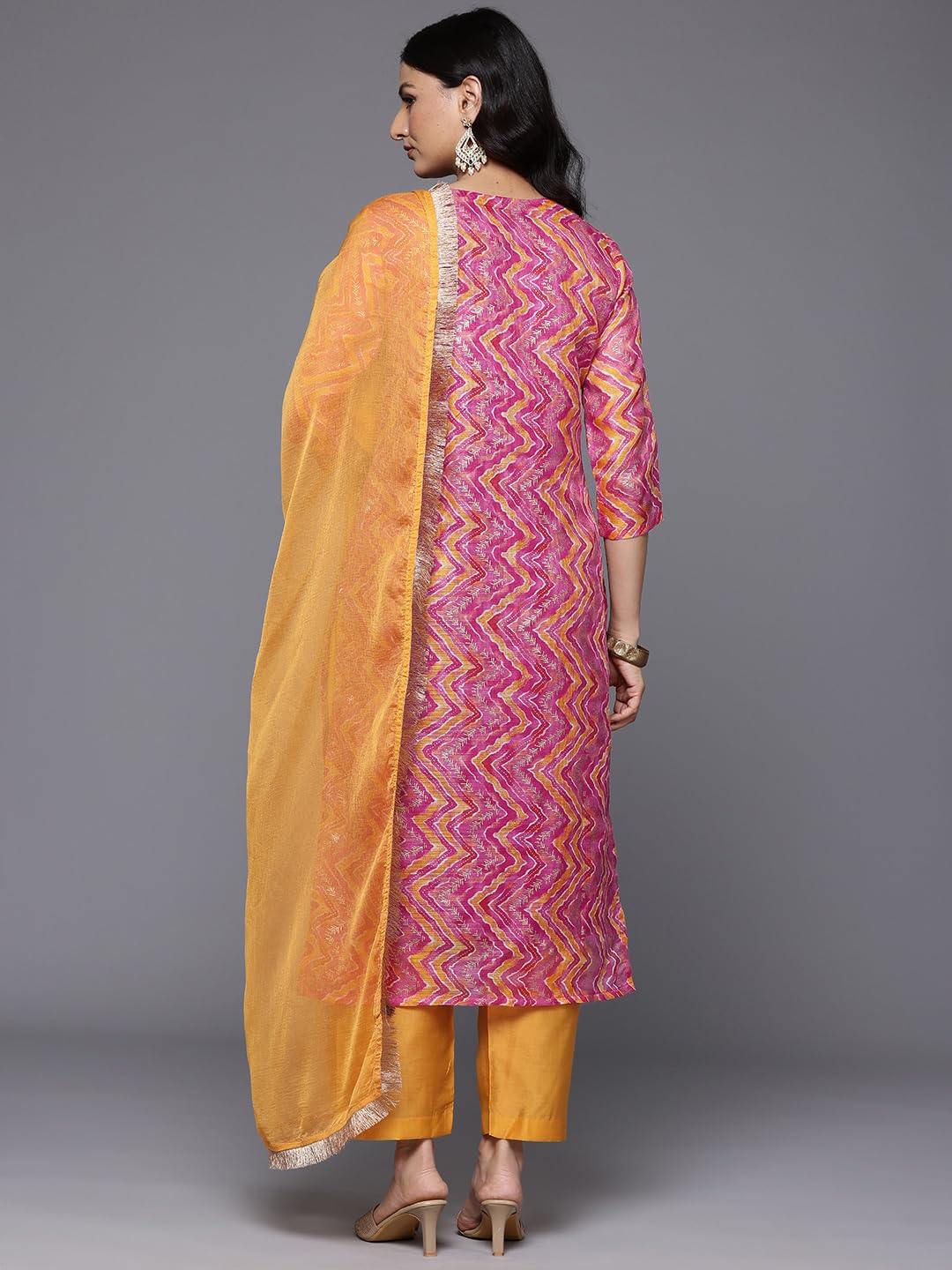 Varanga Women Pink Chevron Printed Zari Embroidered Kurta Paired with Bottom and Dupatta