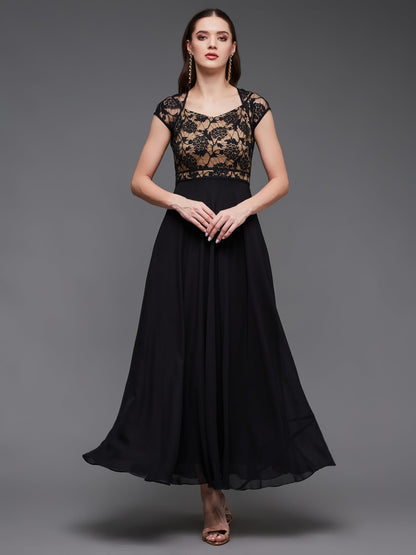 Miss Chase Women Floral V - Neck Cap Short Sleeves Lace Overlaid Fit & Flare With Pockets Paneled Maxi Dress (Mcss21D06-11-62-0