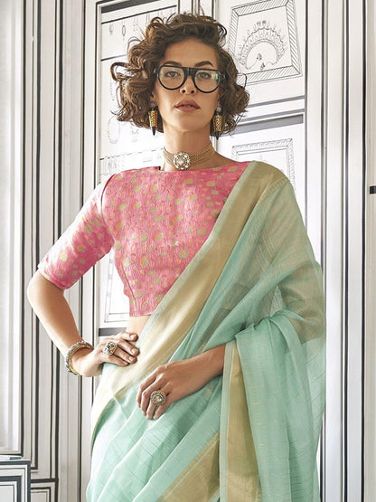 Madhuhansh Womens Soft Linen Saree With Unstitched Multicolor Paisley Blouse Piece Saree With Satin Border Comfortable Skin Frie