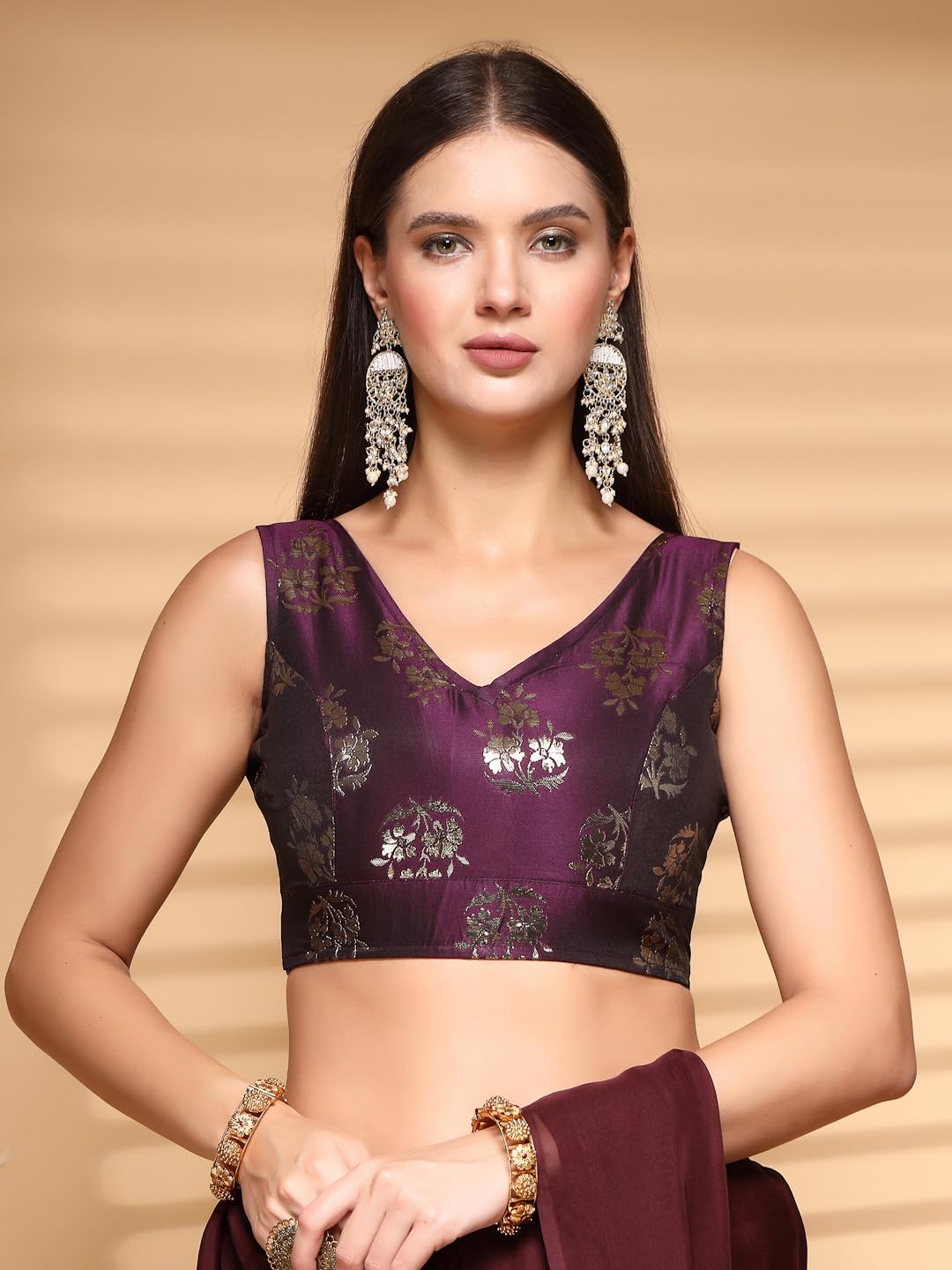 Oomph! Readymade Blouse For Women, Brocade, Sleeveless, V-Neck, Rbbl672