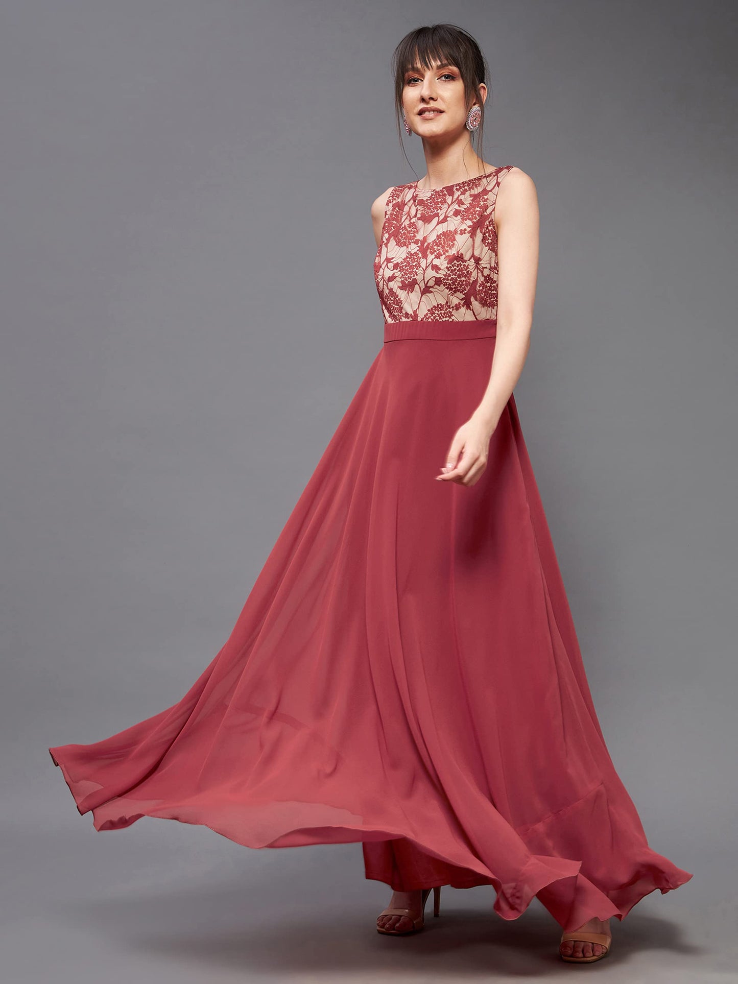 Miss Chase WomenS Round Neck Sleeveless Georgette Floral Lace Fit & Flare Maxi Dress Brick Red