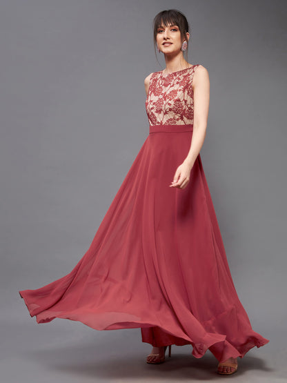 Miss Chase WomenS Round Neck Sleeveless Georgette Floral Lace Fit & Flare Maxi Dress Brick Red
