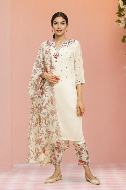 W for Woman Off W For Womanhite Floral Printed Sequined Blend Kurta Dupatta Bottomwear