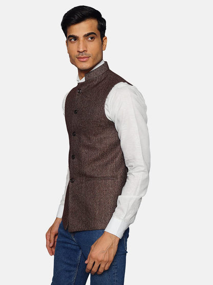 WINTAGE Mens Tweed Bandhgala Festive Nehru Jacket Waistcoat Brown