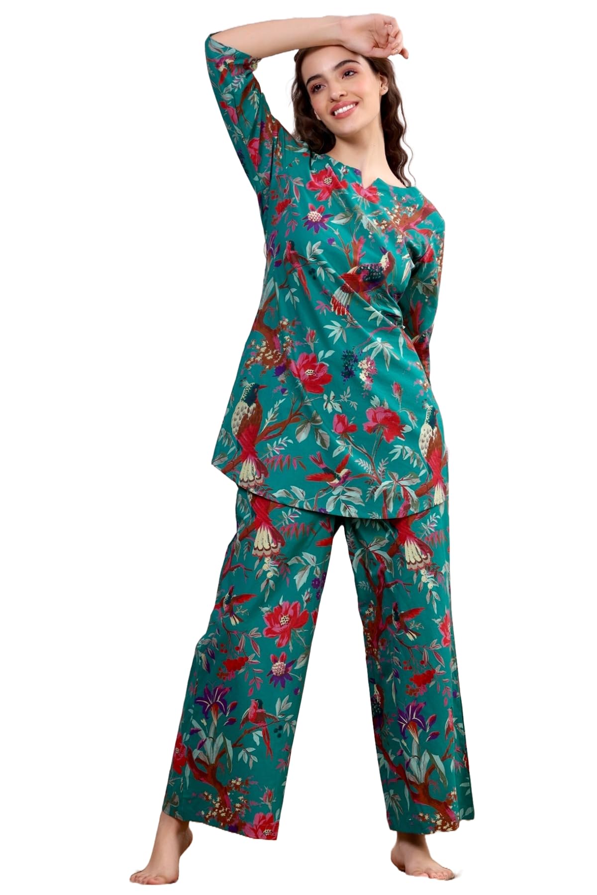 ANNI DESIGNER Womens Rayon Blend Straight Printed Co-Ord Set (IPX Green_S_Green_Small)