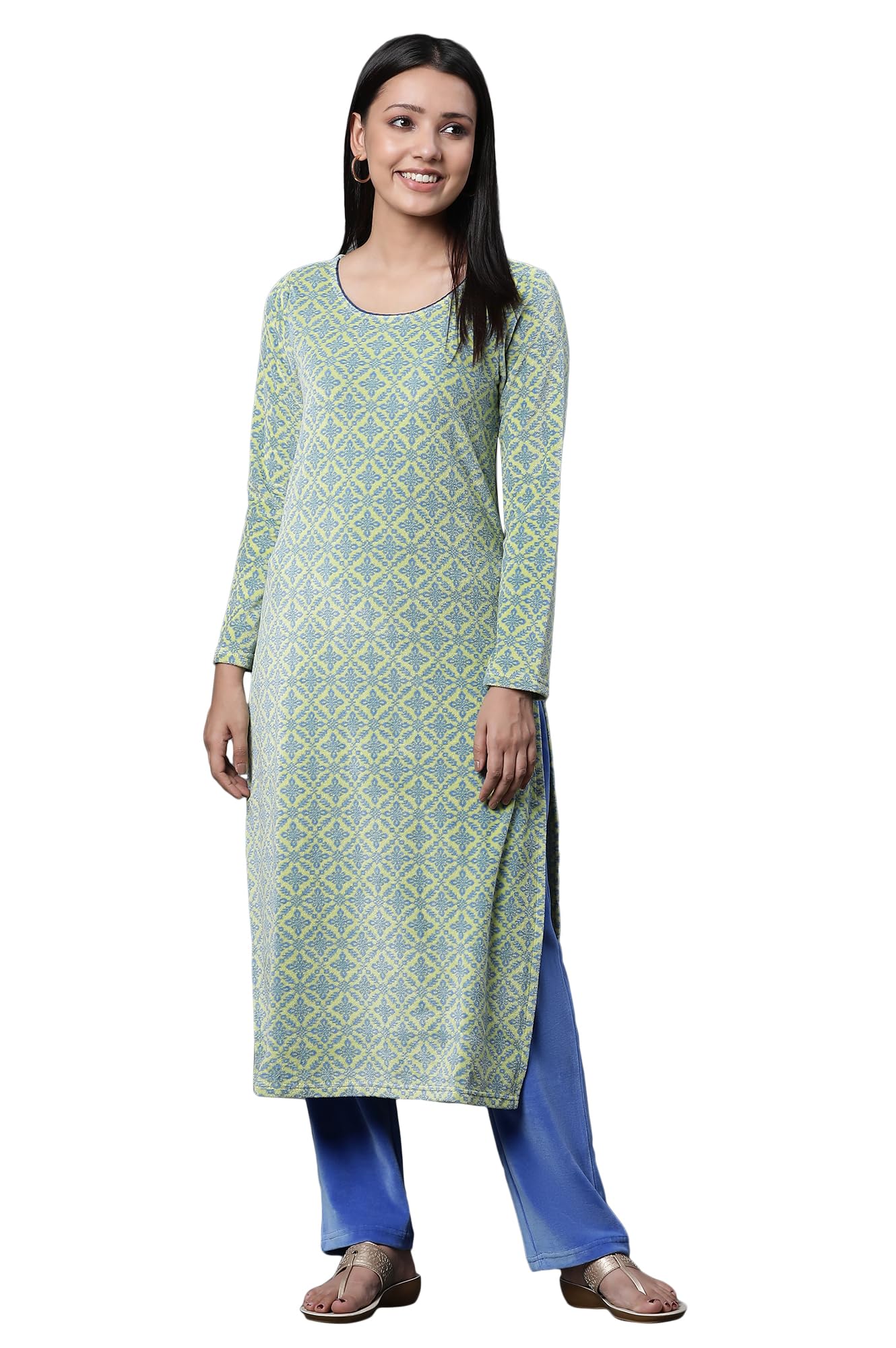 Aurelia Green Geometric Printed Kurta And Pants Winter Set (Size: L)-23Noas14708-704447