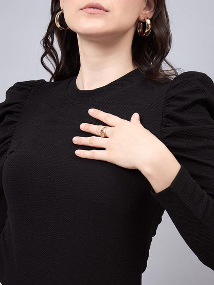 Style Quotient Women Black Texture Polyester Slim Fit Smart Casual Puff Full Sleeve Top