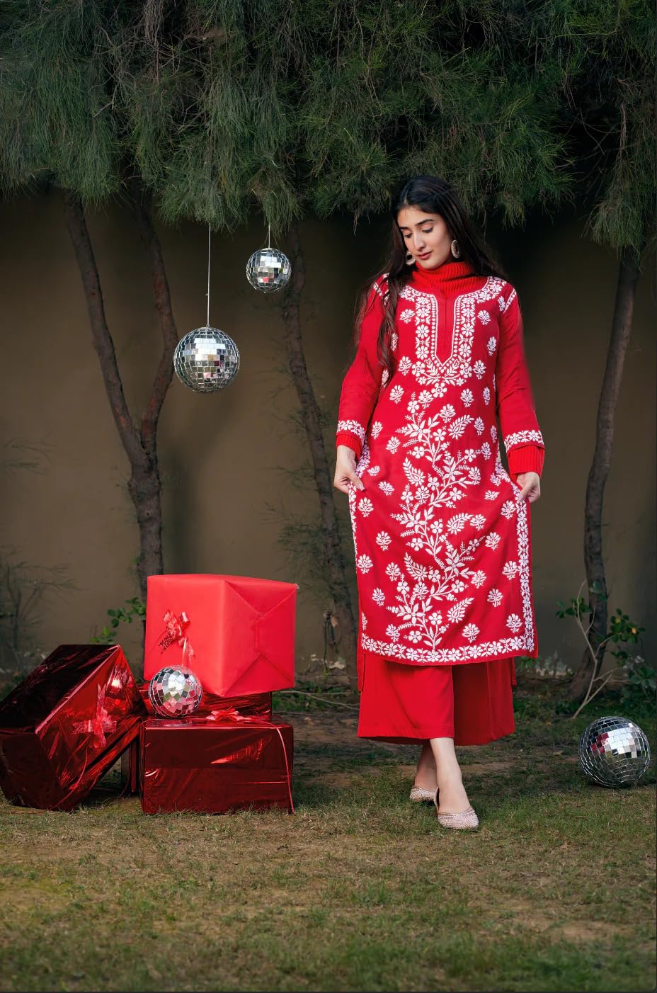 ANNI DESIGNER Women's Cotton Blend Chikankari Embroidered Straight Kurta (Dayak Red-Nw_L_Red_Large)