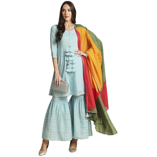 anubhutee Cotton Womens Kurta Sharara With Dupatta Set