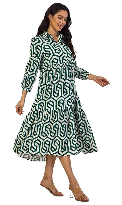 Shasmi Women & Girls Solid Green Geometric Print Collared Dress With Long Cuffed Sleeves, Panelled Hem And A Button-Up Front Gat