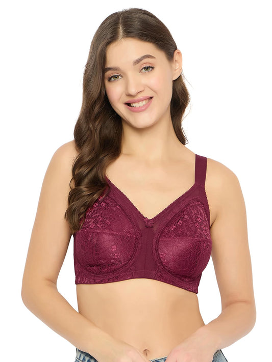 Clovia Lace Solid Non-Padded Full Cup Wire Free Minimizer Bra (BR2353A09_Maroon_34C)