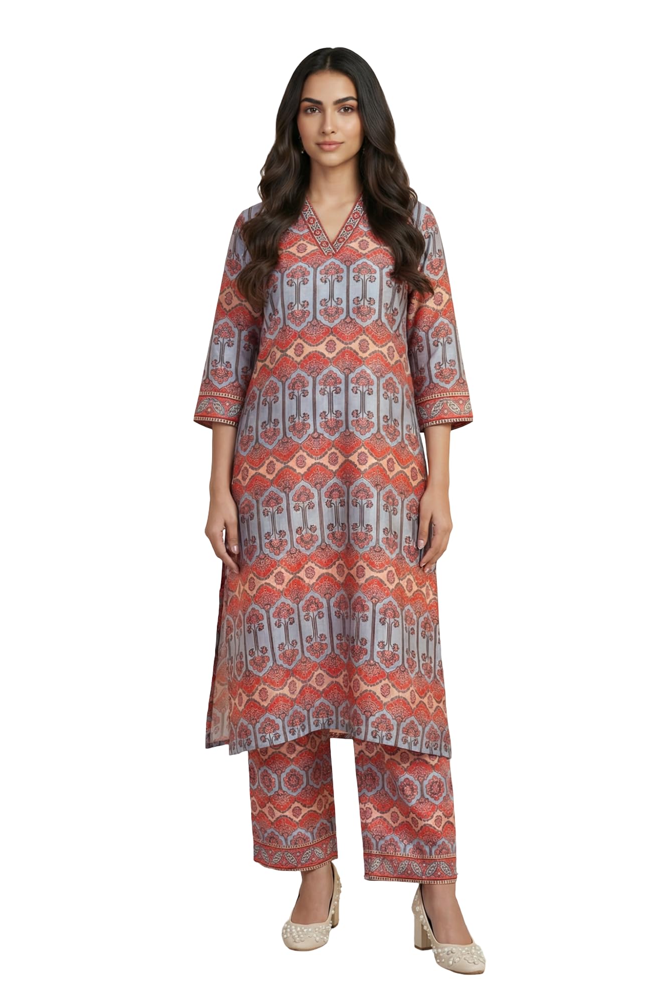 Aurelia Women'S Multicolor Ethnic Motifs Straight Kurta With Palazzo Set - (As16481-510334-Xxl)