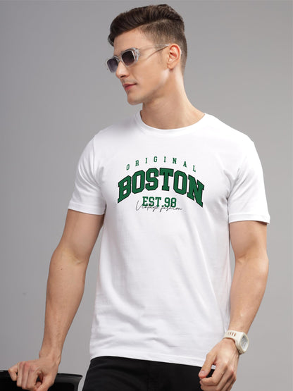 ADRO Mens Printed T Shirt - Premium Cotton Graphic Printed Tshirt - White T-Shirt - RN24-BOST-WH