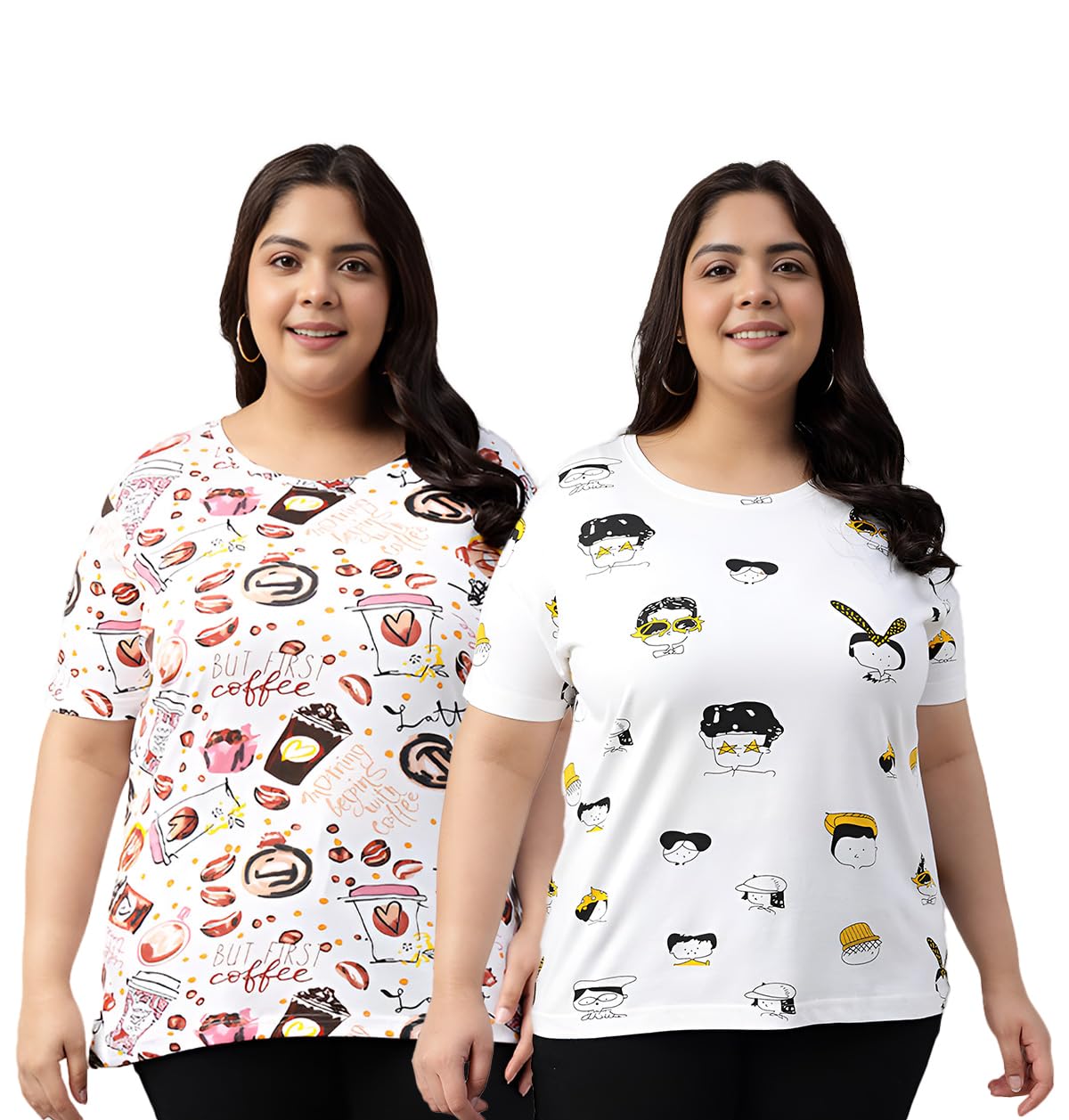 Juneberry 100% Pure Cotton Oversized Loose Baggy Fit Drop Shoulder Graphic Printed Plus Size T-Shirt Combo For Women (Pack Of 2)