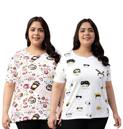Juneberry 100% Pure Cotton Oversized Loose Baggy Fit Drop Shoulder Graphic Printed Plus Size T-Shirt Combo For Women (Pack Of 2)