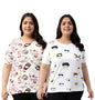 Juneberry 100% Pure Cotton Oversized Loose Baggy Fit Drop Shoulder Graphic Printed Plus Size T-Shirt Combo For Women (Pack Of 2)