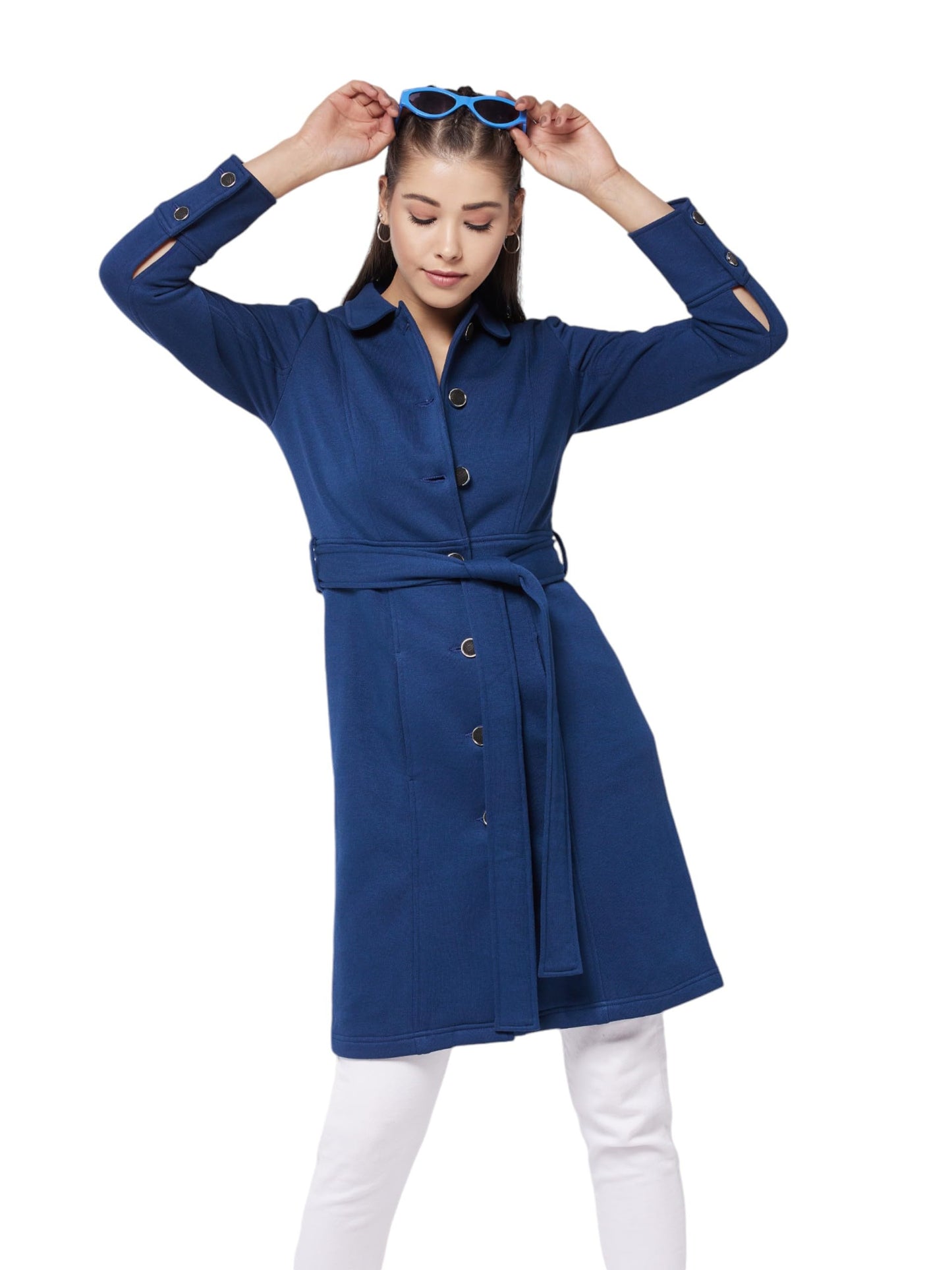 Miss Chase WomenS Navy Blue Round Neck Collared Full Sleeve Solid Tie-Up Longline Jacket (Mcaw21Jkt03-40-71-05,Navy Blue,L)