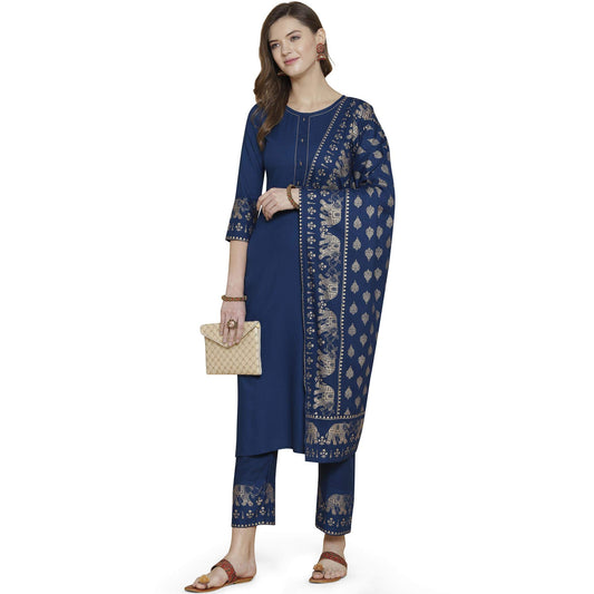 Gosriki WomenS Rayon Solid Kurta With Palazzo & Dupatta (Blue,Xl)