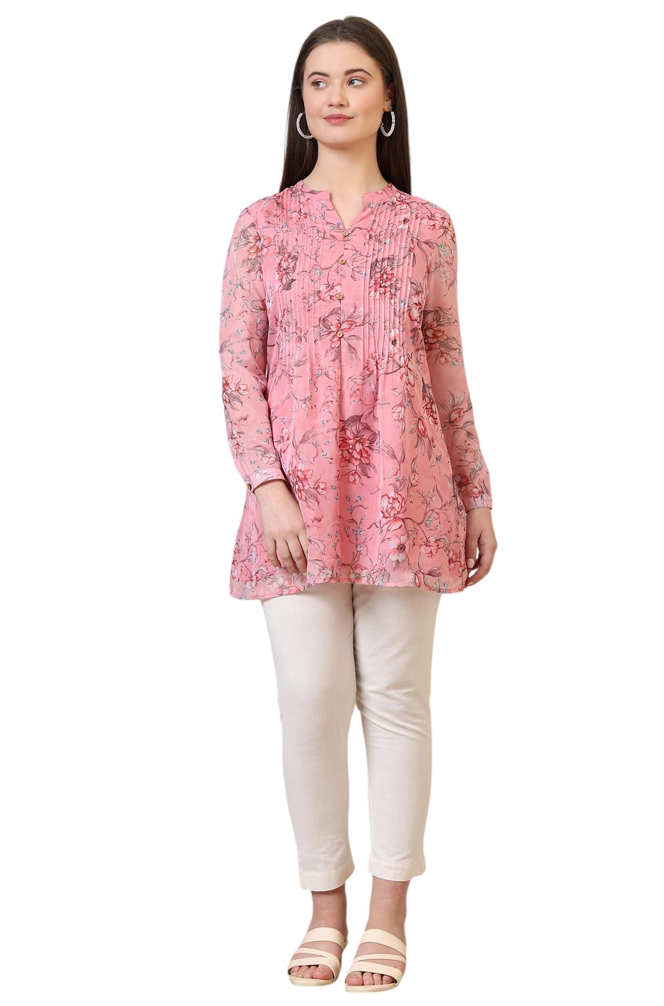 Aurelia Women'S Pink Floral Printed Pintuck Yoke Organza Straight Short Kurti (Size: L)-A30507-508776