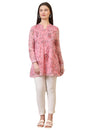 Aurelia Women'S Pink Floral Printed Pintuck Yoke Organza Straight Short Kurti (Size: L)-A30507-508776