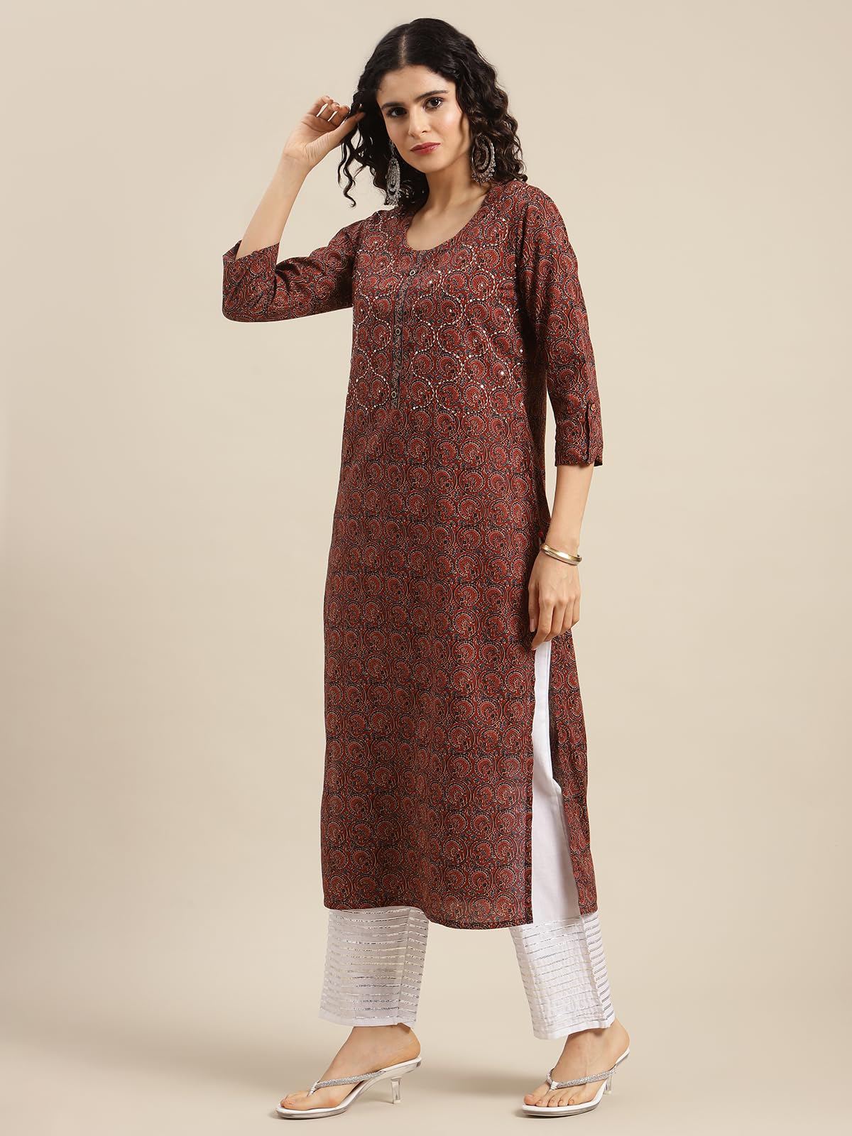 Varanga WomenS Maroon & Blue Bandez Printed Straight Kurta, Round Neck, Three-Quarter Sleeves, Side Slits & Straight Hemline For