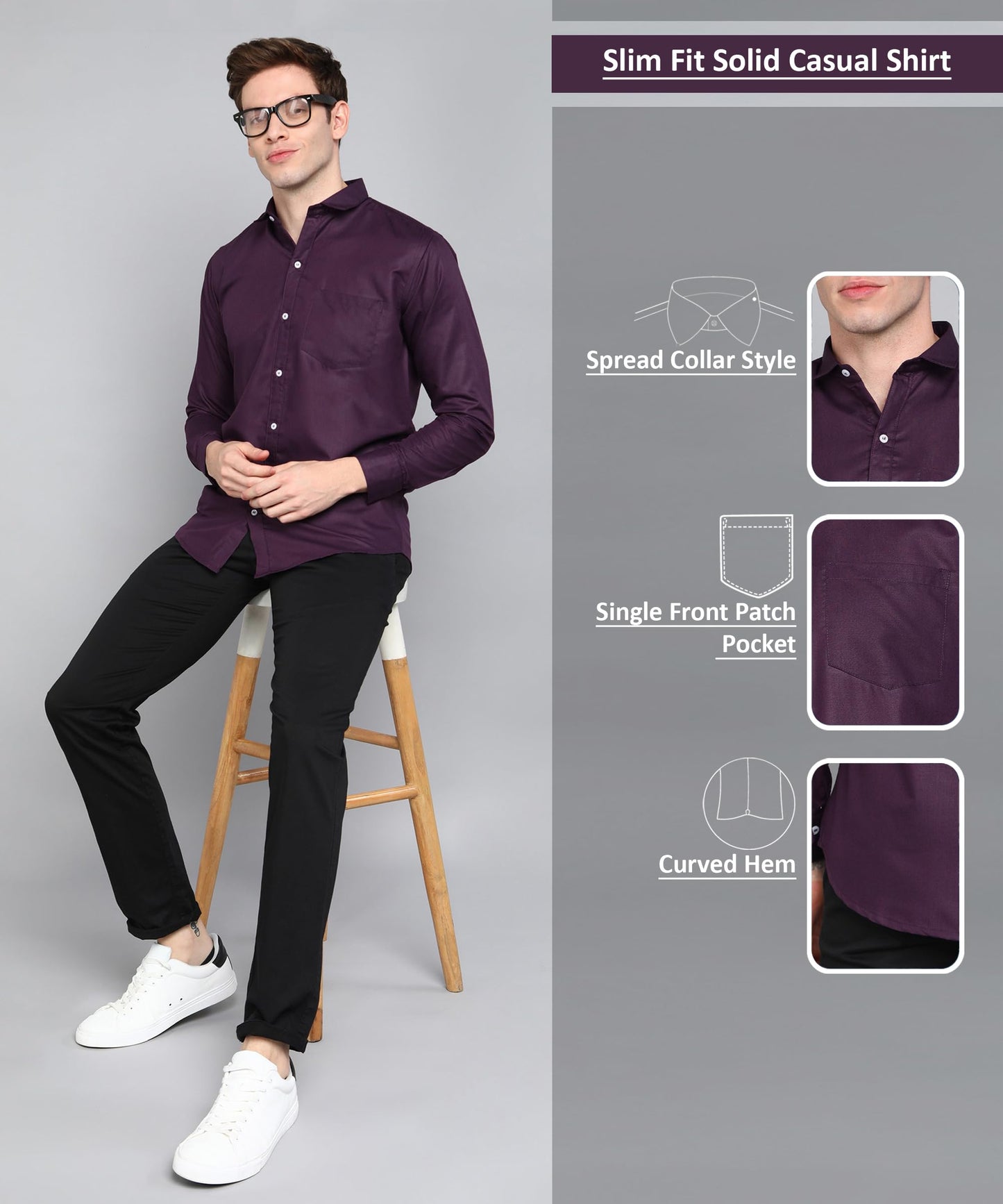 Mildin MenS Cotton Blend Solid Shirt With Spread Collared Full Sleeve Curved Hemline Button Closure Slim Fit And One Pocket | S
