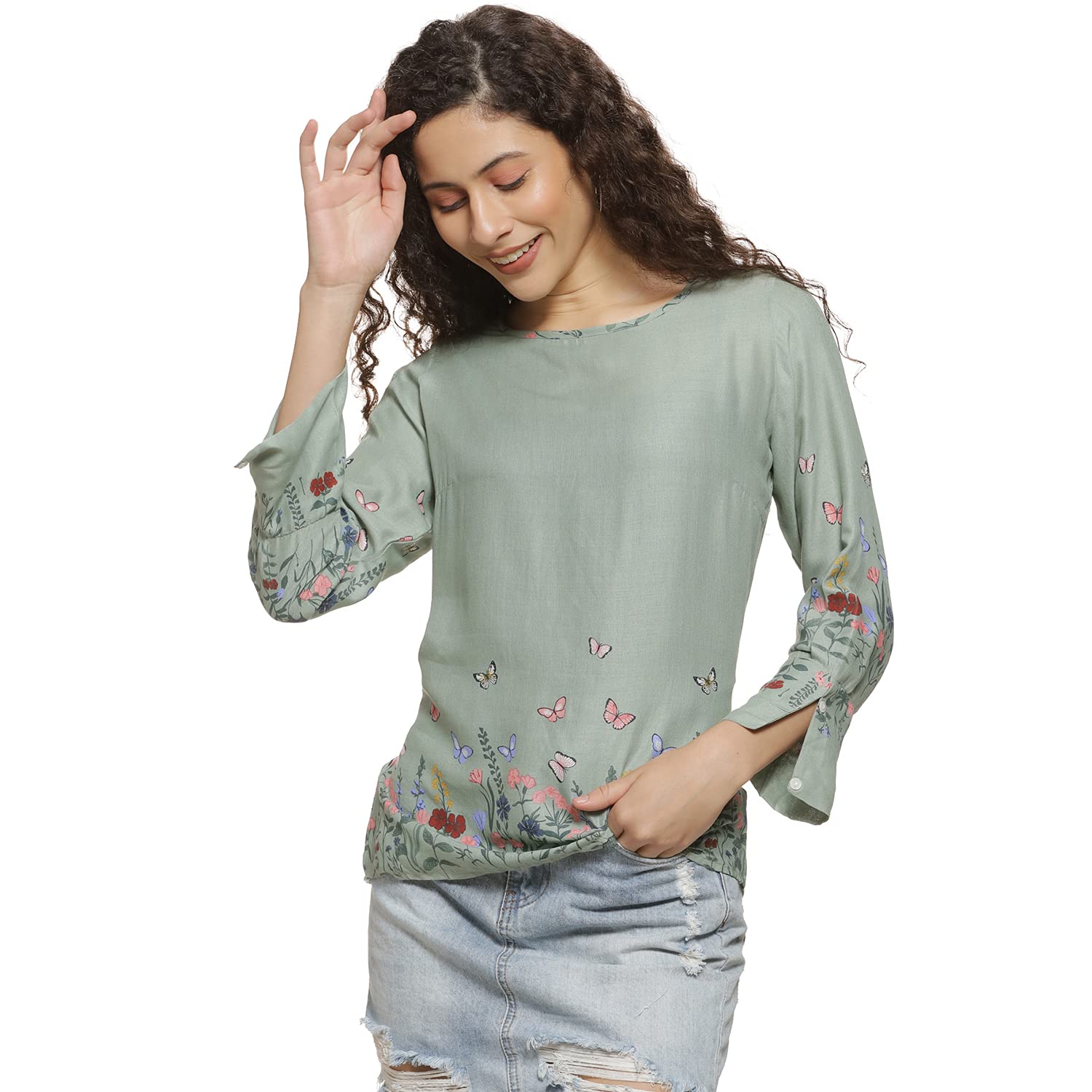 Campus Sutra Womens Sage Green Botanical Garden Top for Casual Wear | Round Neck | Quarter Sleeve | Pull On Closure | Polyester